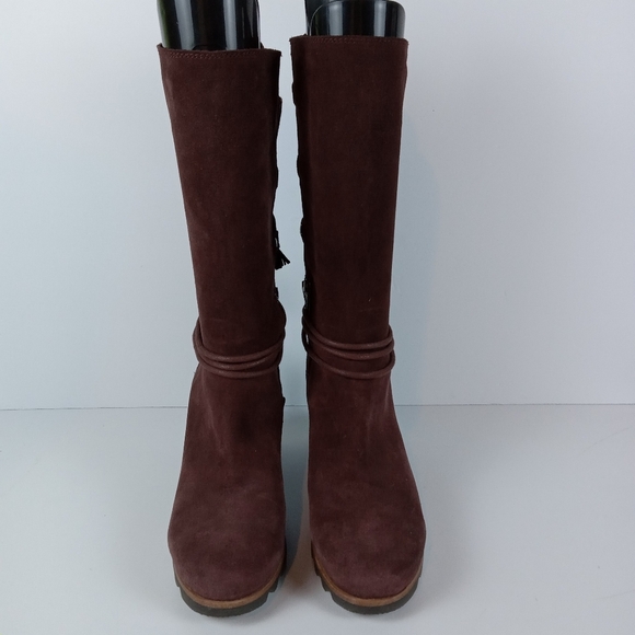 Sorel Farah Boots Womens 7 Burgundy Suede Leather Mid-Calf Casual Tassel Lace-up - Picture 3 of 9